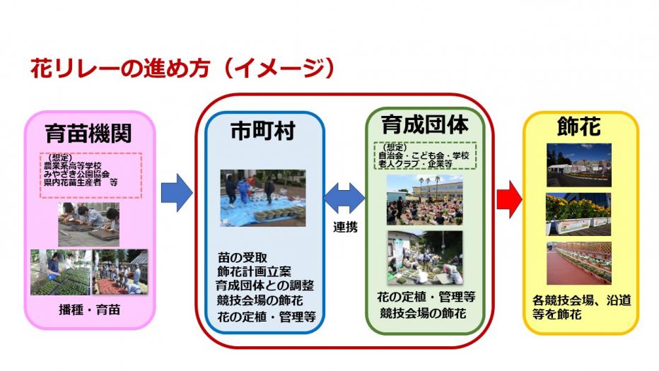 花リレーは、育苗機関から市町村、市町村から育成団体へと花苗をリレーしていく取組