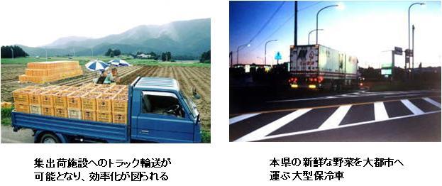 左：集出荷施設にトラック輸送している写真、右：本県の新鮮な野菜を大都市へ運ぶ大型保冷車の写真