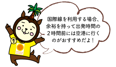 国際線を利用する場合、余裕を持って出発時間の２時間前には空港に行くのがおすすめだよ！