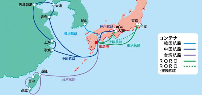 細島港からの定期航路ネットワークの図