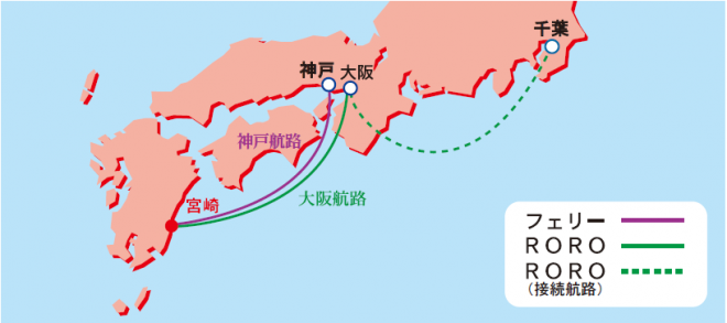 宮崎港からの定期航路ネットワーク図