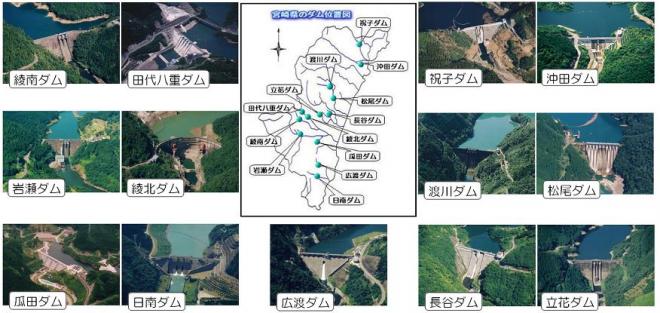 県が管理する13個のダムの位置と写真