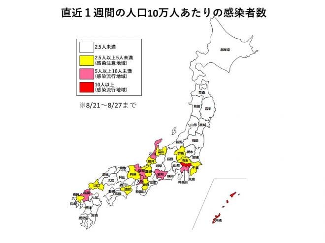 東京や沖縄では、直近1週間の人口10万人当たりの感染者が10人を超えており、宮崎県は2.5人未満にとどまっています
