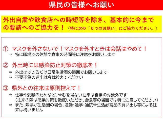 県民の皆様。1マスクを外さないで、マスクを外すときは会話はやめて2、外出時には感染防止対策の徹底を3県外との往来は原則控えて4会食は4人以下、2時間以内。5、高齢者や基礎疾患をお持ちの方、高齢者施設、障がい者施設、医療機関のじゅしんえお