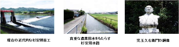 杉安井堰に関する写真。左から、現在の杉安頭首工・杉安用水路・児玉久右衛門の銅像